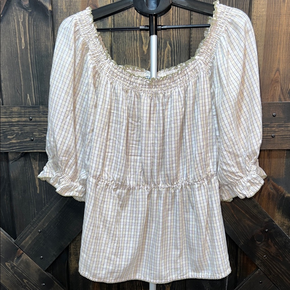 Old Navy Checkered Peasant Top 3X Smocked Off Shoulder Ruffled Boho Coquette